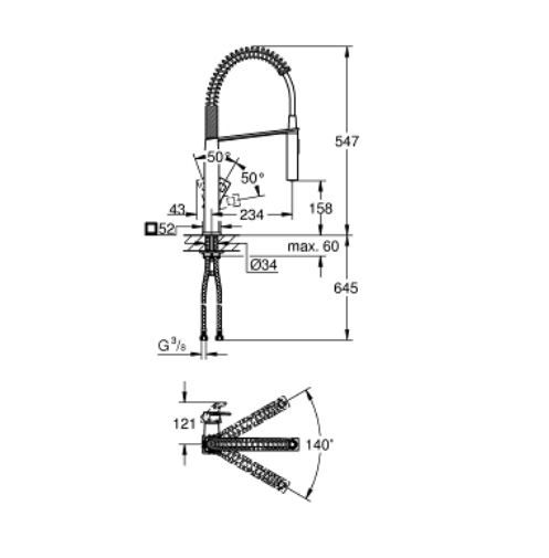 Grohe 31395000 Eurocube Ψηλή Μπαταρία Κουζίνας Πάγκου με Σπιράλ Ασημί