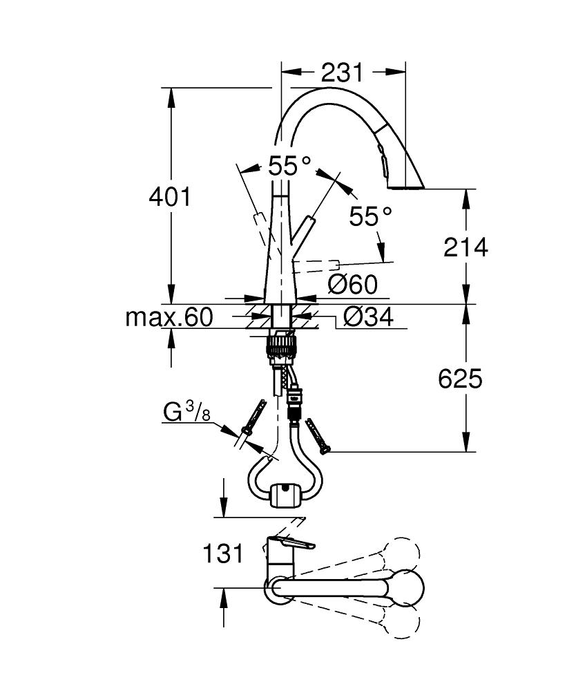 GROHE ZEDRA 32294002 MΠΑΤΑΡΙΑ ΚΟΥΖΙΝΑΣ ΧΡΩΜΕ ΠΑΓΚΟΥ ΜΕ ΑΠΟΣΠΩΜΕΝΟ ΝΤΟΥΖ