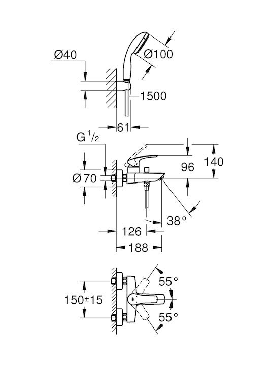 Grohe Eurosmart Μπαταρια Λουτρου Πληρης 33302003