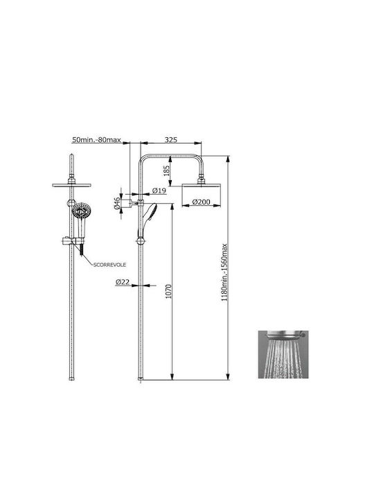 Tema Roma μπαταρία Ντουζ με κολώνα 3 εξόδων Inox 53252